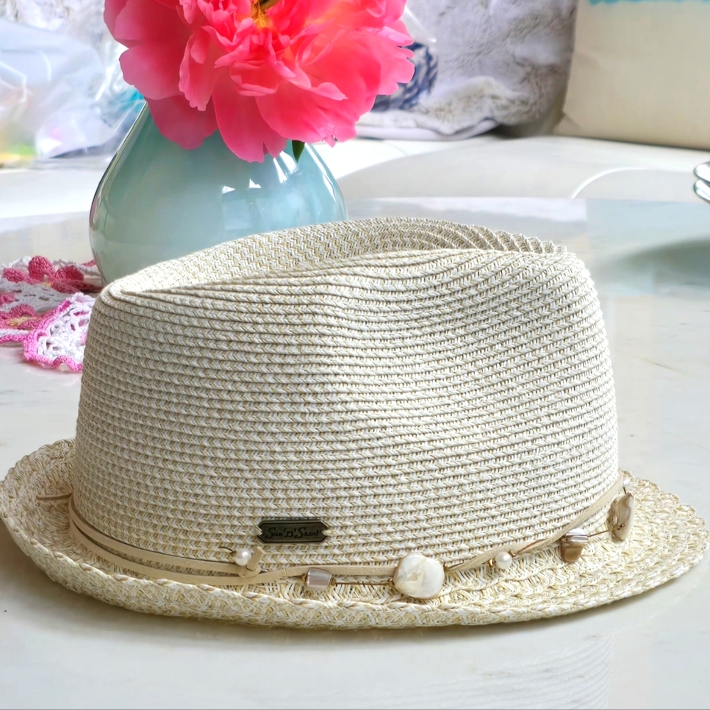 Beige Straw Fedora with Shell Accents